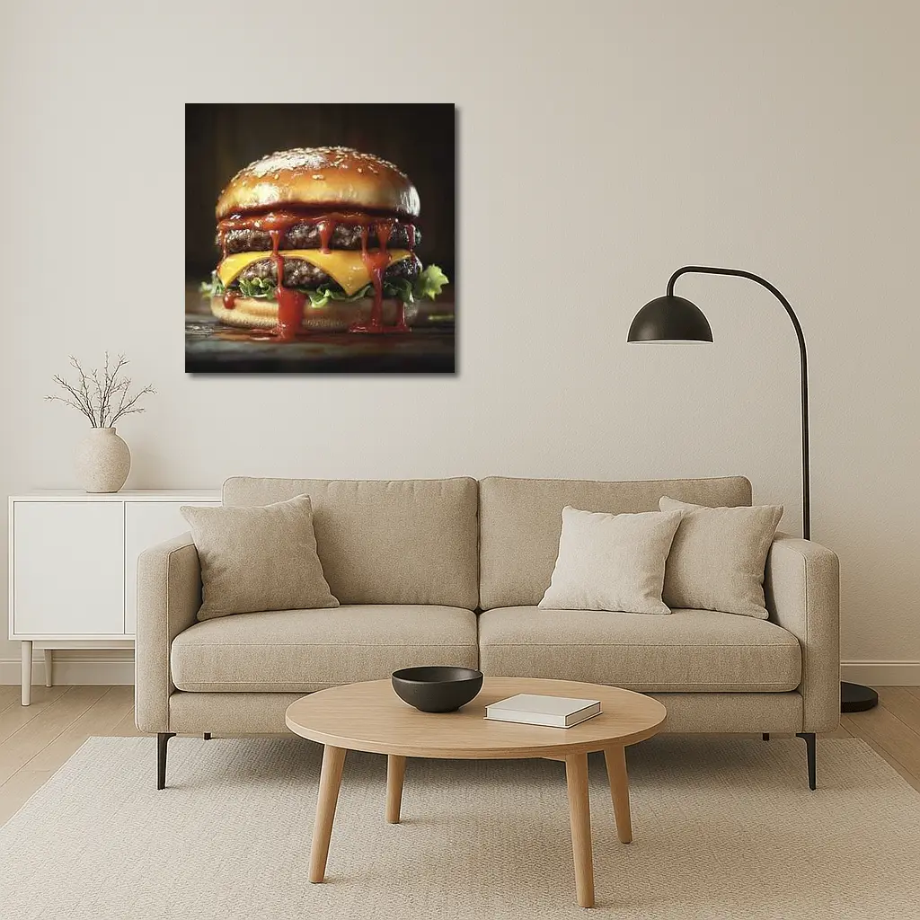Double Cheeseburger With Ketchup Dark Background – Wall Art