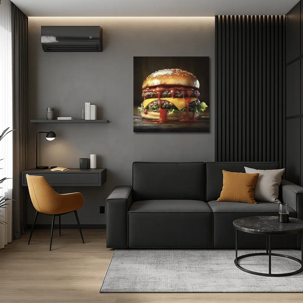 Double Cheeseburger With Ketchup Dark Background – Wall Art