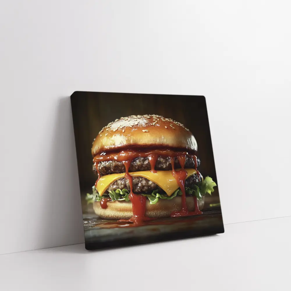Double Cheeseburger With Ketchup Dark Background – Wall Art