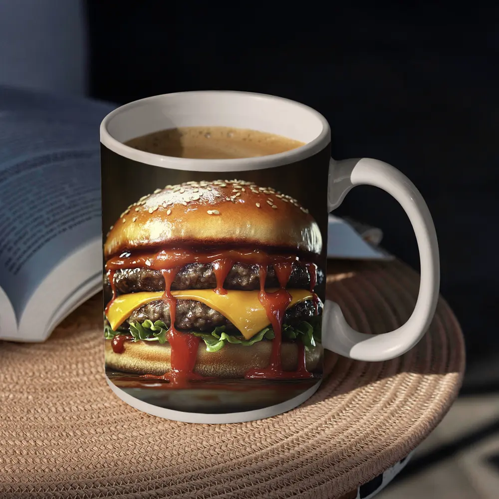 Double Cheeseburger With Ketchup Dark Background – Mugs