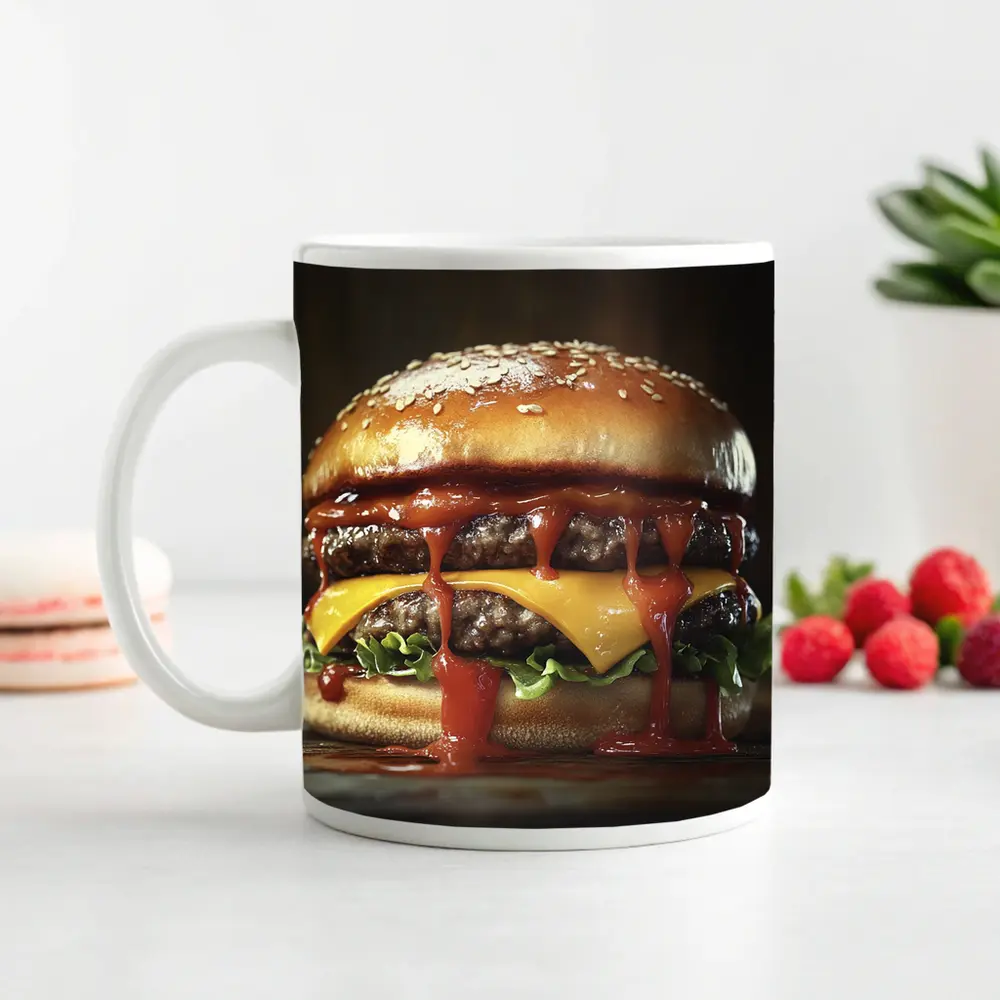 Double Cheeseburger With Ketchup Dark Background – Mugs