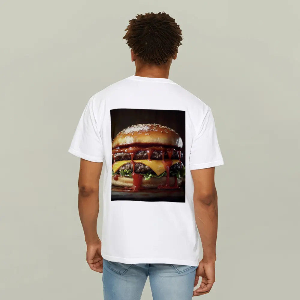 Double Cheeseburger With Ketchup Dark Background – T-Shirts