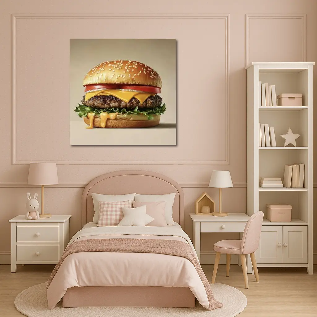Classic Cheeseburger With Lettuce Tomato Beige Background – Wall Art