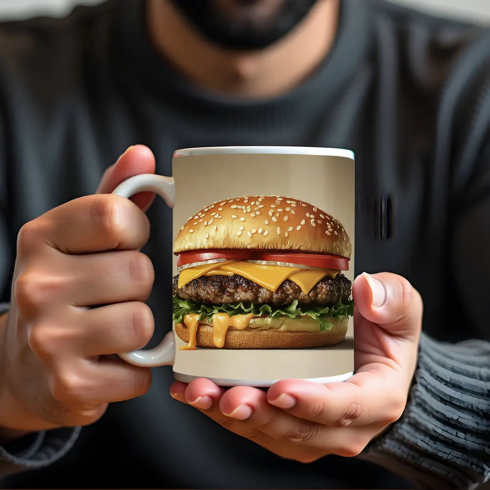Classic Cheeseburger With Lettuce Tomato Beige Background – Mugs