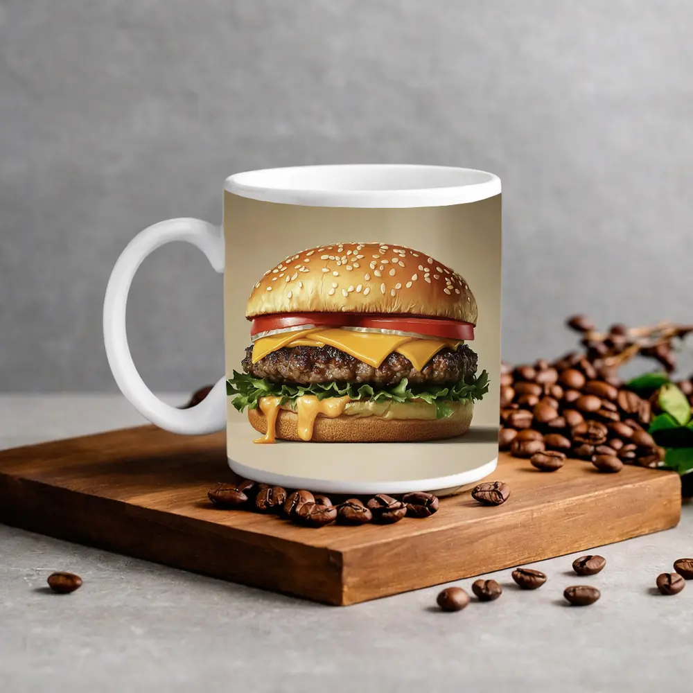 Classic Cheeseburger With Lettuce Tomato Beige Background – Mugs