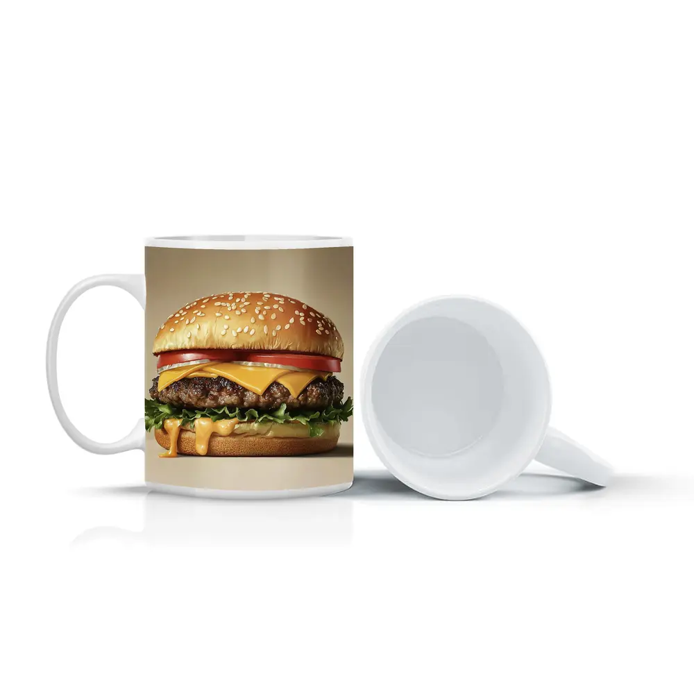 Classic Cheeseburger With Lettuce Tomato Beige Background – Mugs