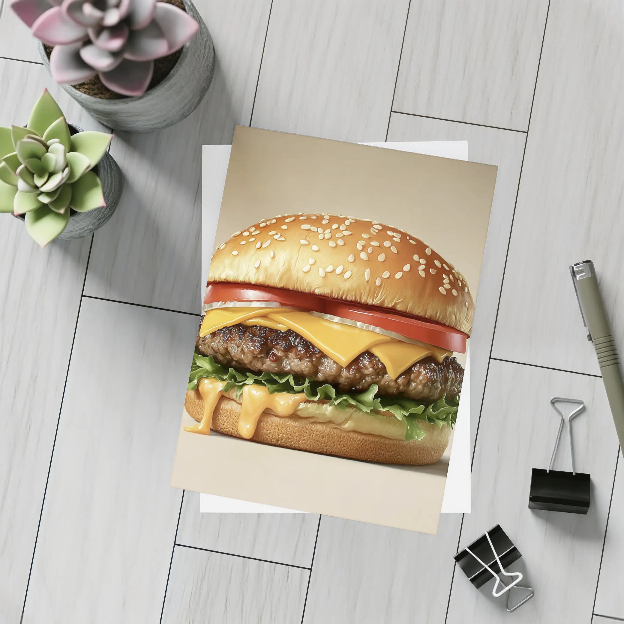 Classic Cheeseburger With Lettuce Tomato Beige Background – Postcards