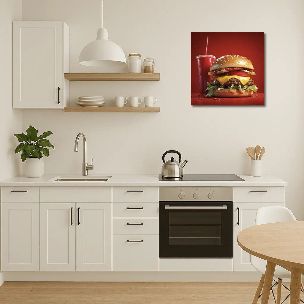 Classic Cheeseburger And Soda Red Background – Wall Art