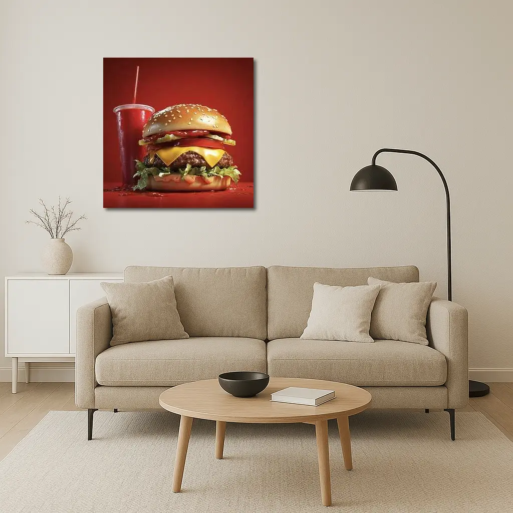 Classic Cheeseburger And Soda Red Background – Wall Art