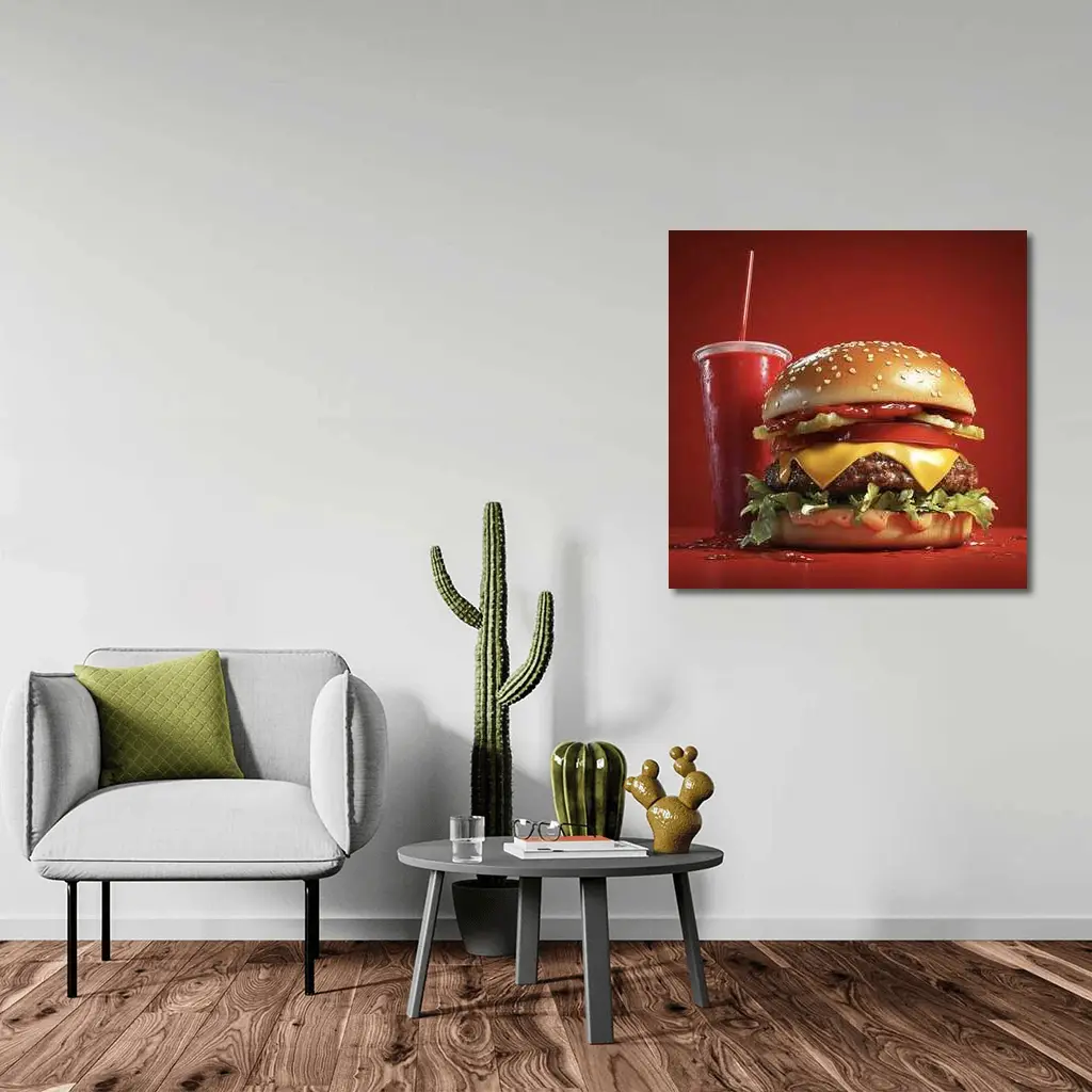 Classic Cheeseburger And Soda Red Background – Wall Art