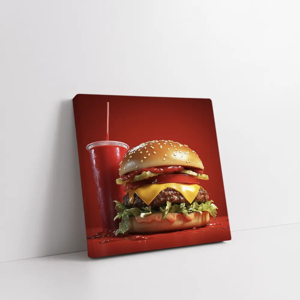 Classic Cheeseburger And Soda Red Background – Wall Art