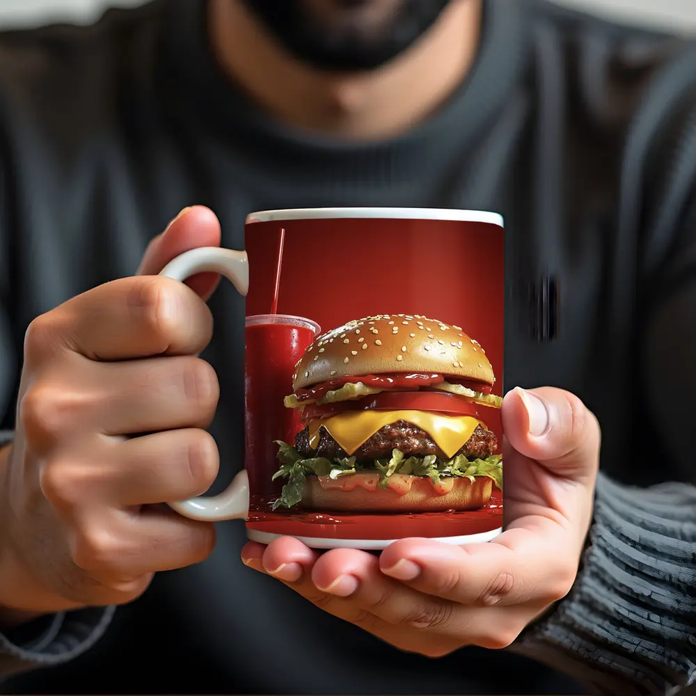 Classic Cheeseburger And Soda Red Background – Mugs
