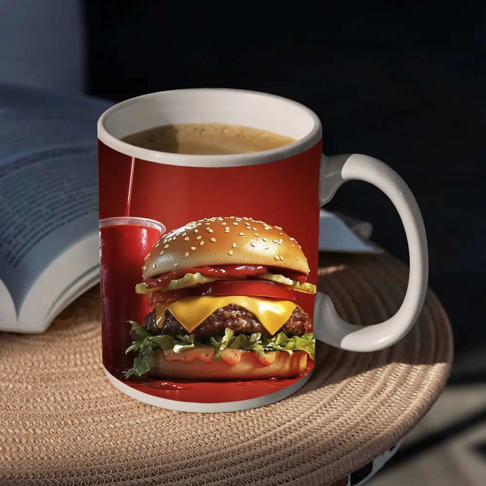 Classic Cheeseburger And Soda Red Background – Mugs