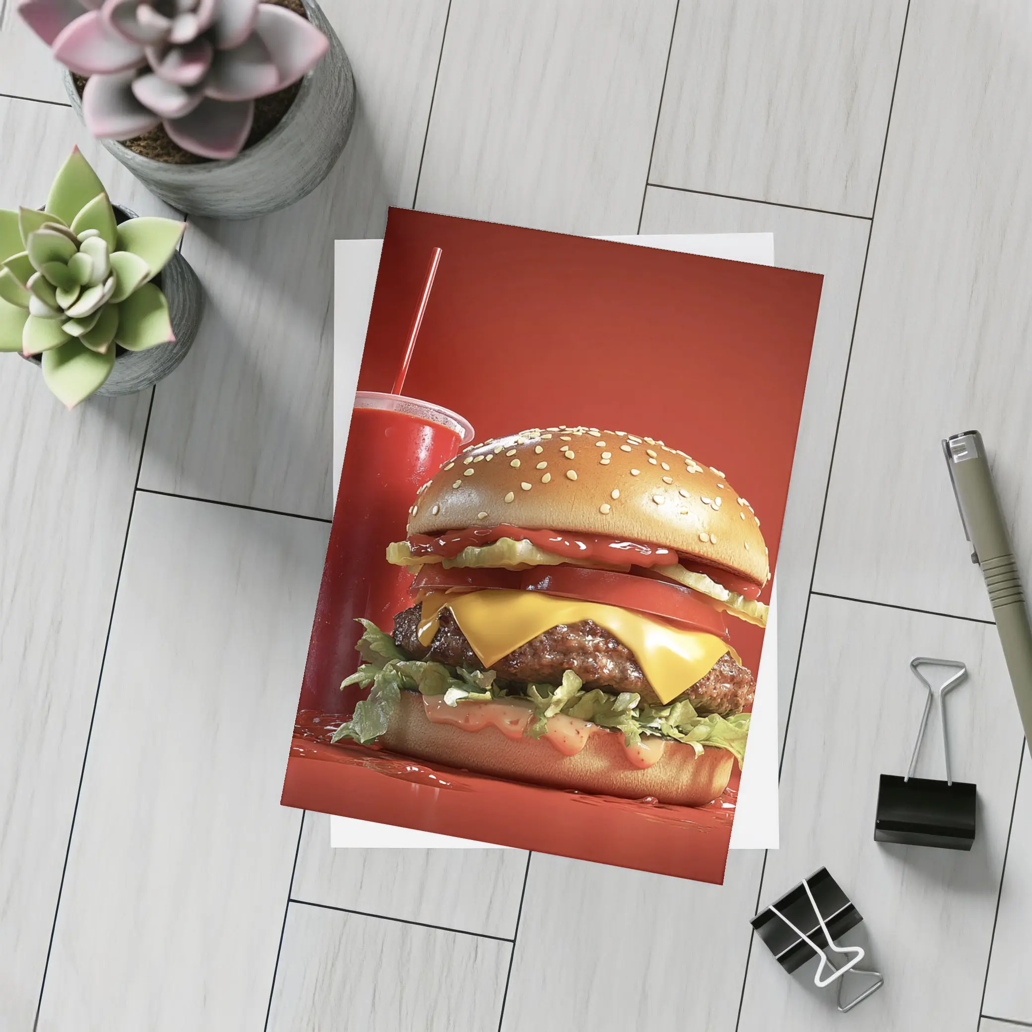 Classic Cheeseburger And Soda Red Background – Postcards