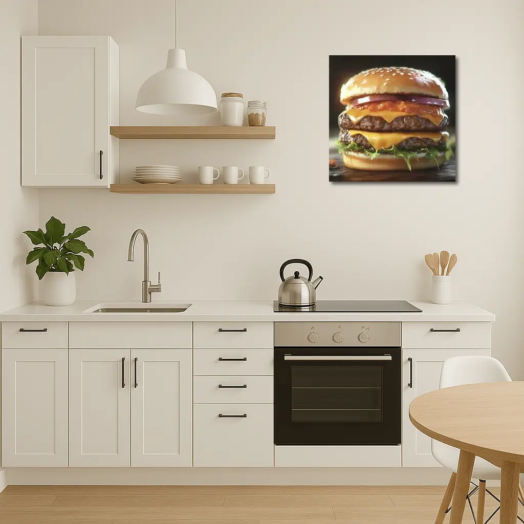 Double Cheeseburger With Lettuce Dark Background – Wall Art