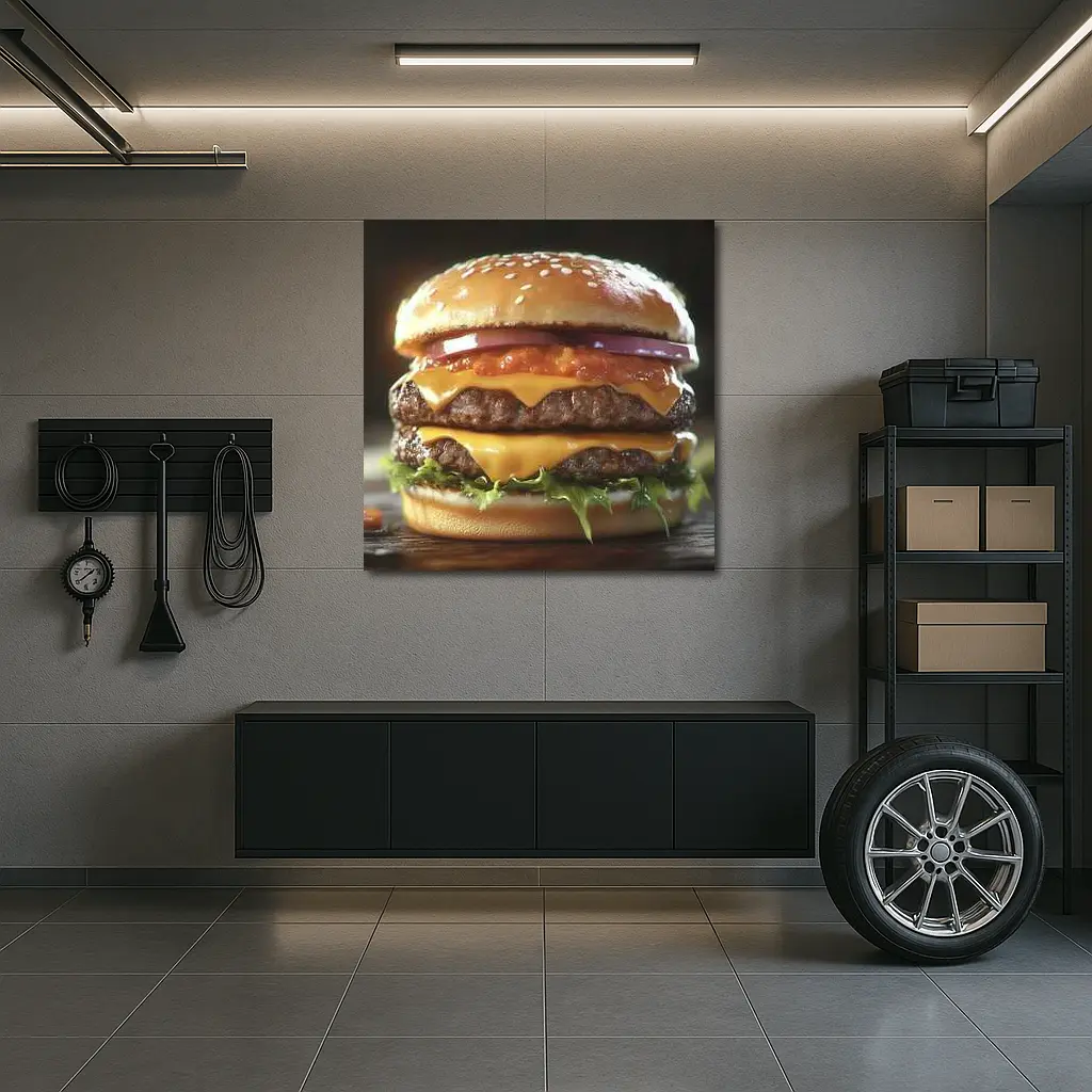 Double Cheeseburger With Lettuce Dark Background – Wall Art