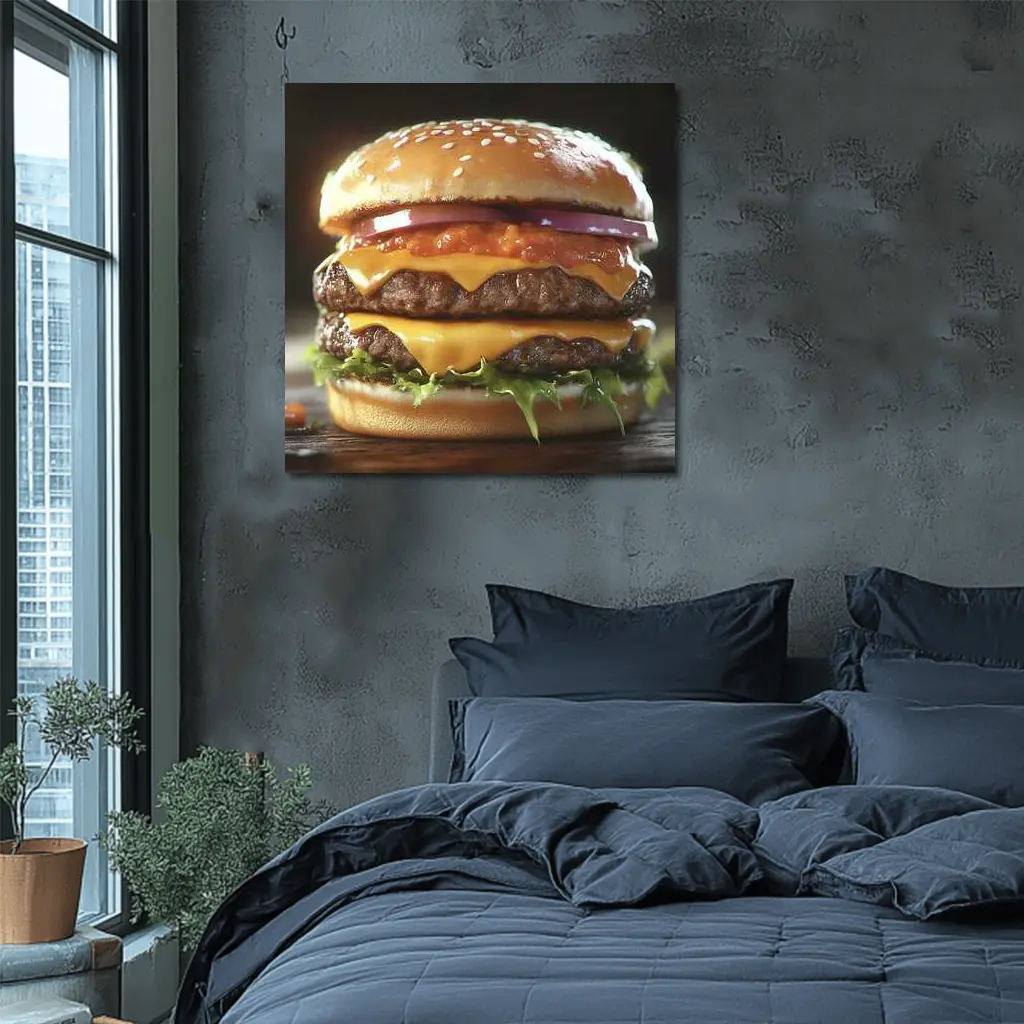 Double Cheeseburger With Lettuce Dark Background – Wall Art