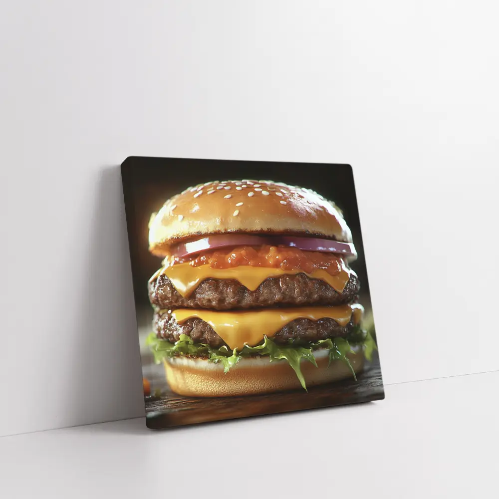 Double Cheeseburger With Lettuce Dark Background – Wall Art