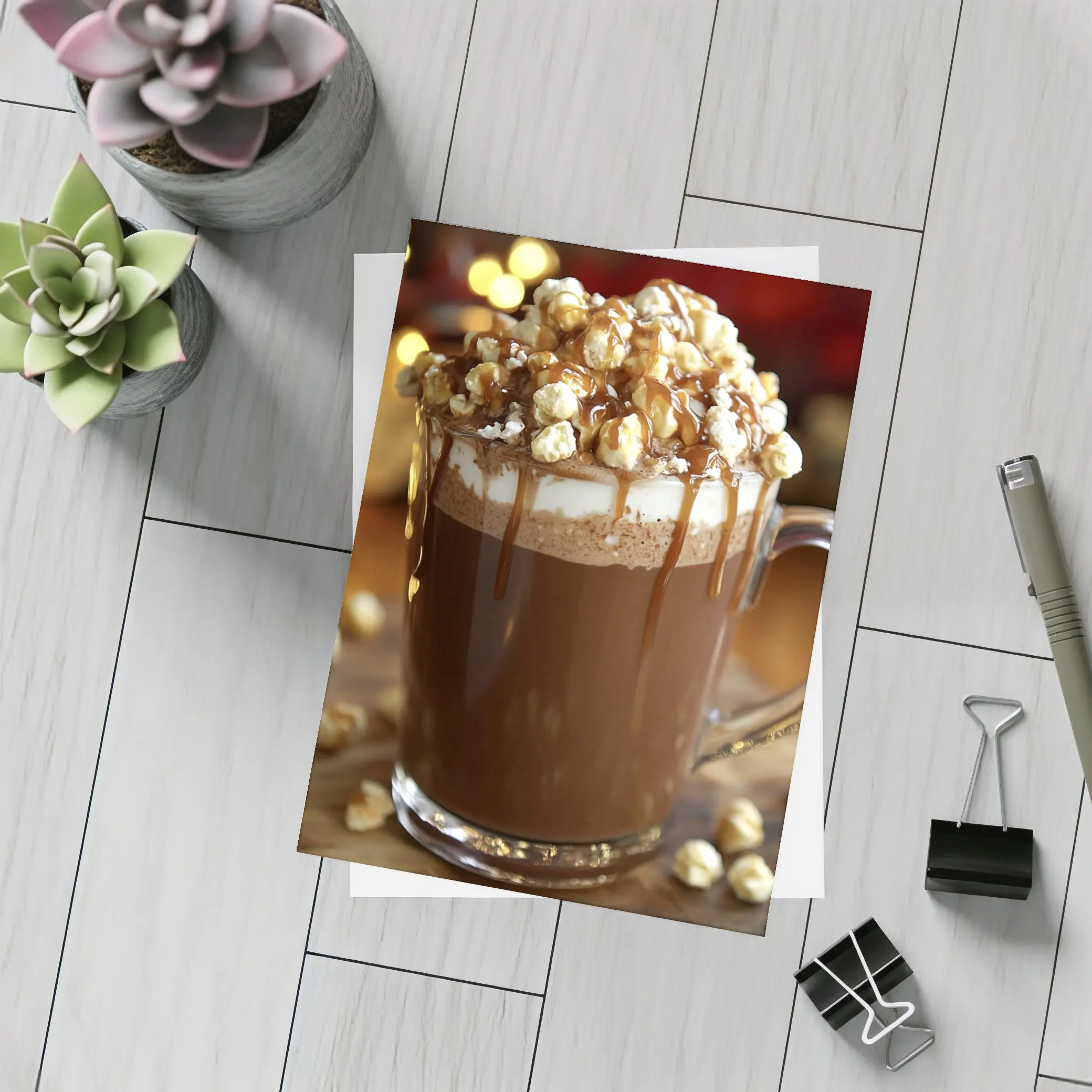 Hot Chocolate Caramel Popcorn Mug Warm Lights – Postcards