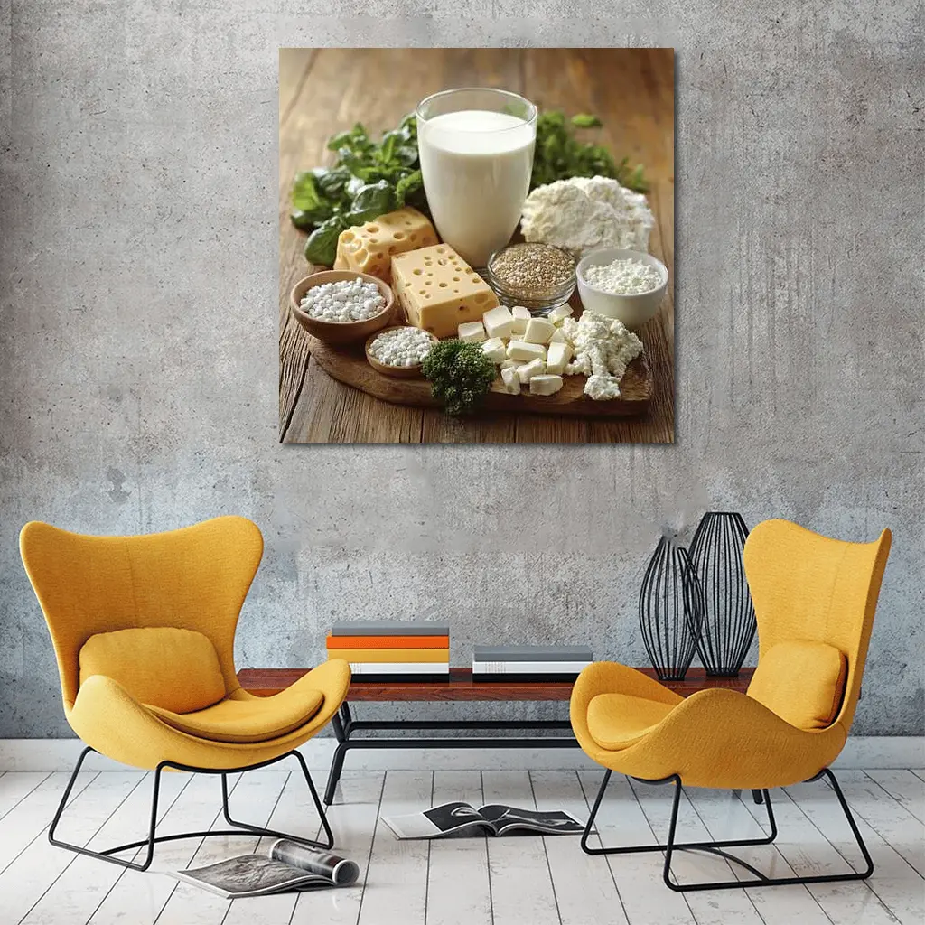 Dairy Products Spread on Rustic Wood – Wall Art