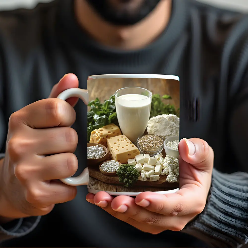 Dairy Products Spread on Rustic Wood – Mugs