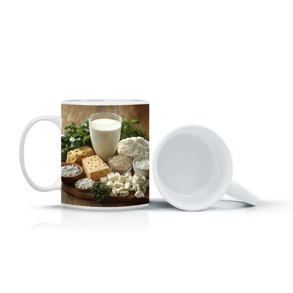 Dairy Products Spread on Rustic Wood – Mugs
