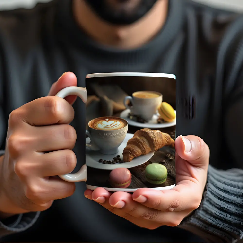 Latte Art Croissant Macarons Rustic Wood – Mugs