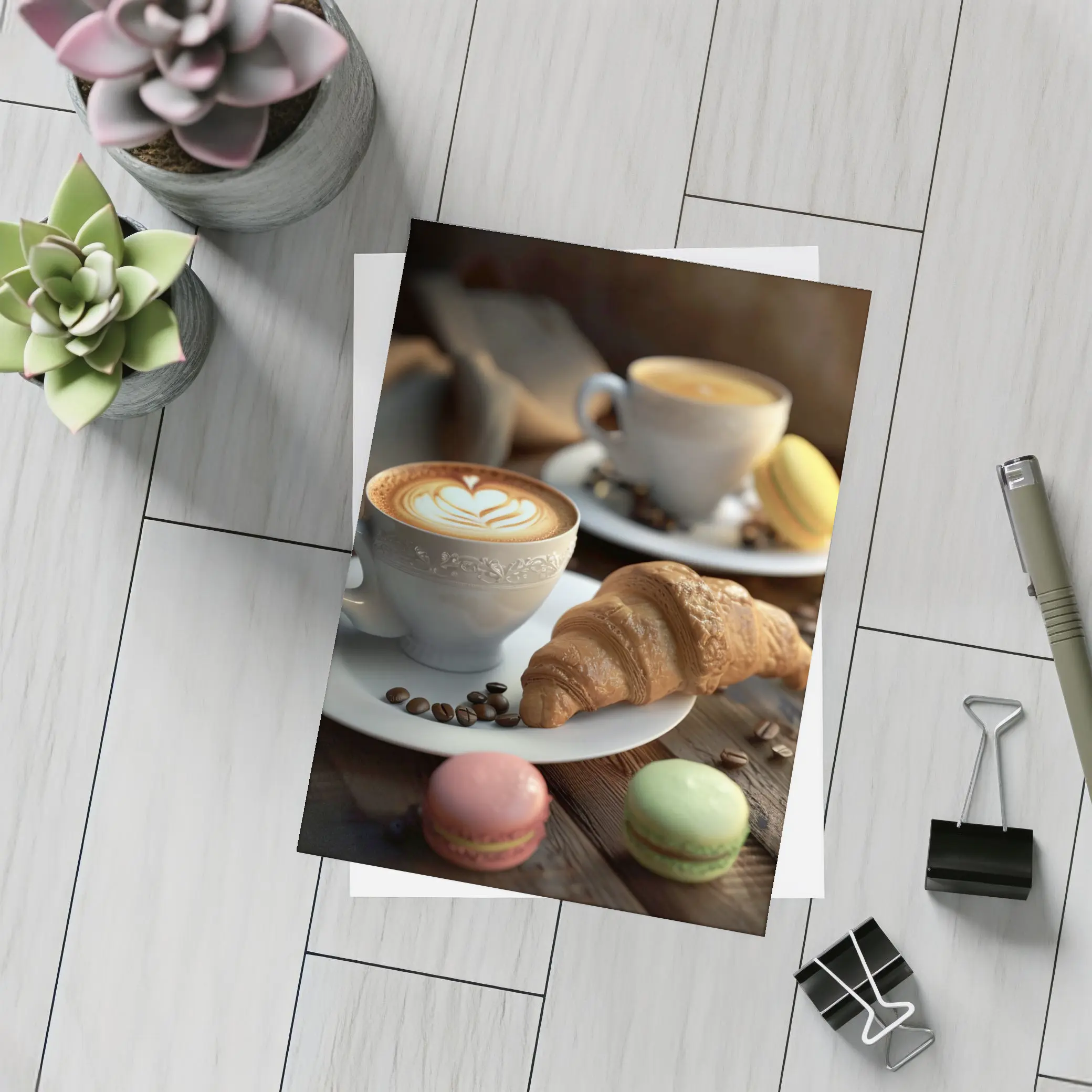 Latte Art Croissant Macarons Rustic Wood – Postcards