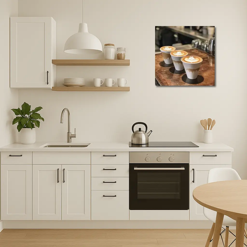 Latte Art Coffee Cups on Wooden Counter – Wall Art