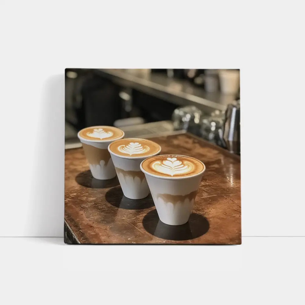 Latte Art Coffee Cups on Wooden Counter – Wall Art