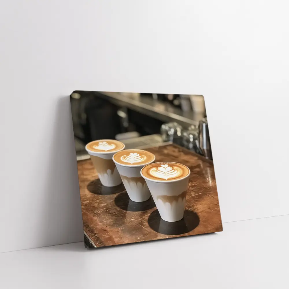 Latte Art Coffee Cups on Wooden Counter – Wall Art