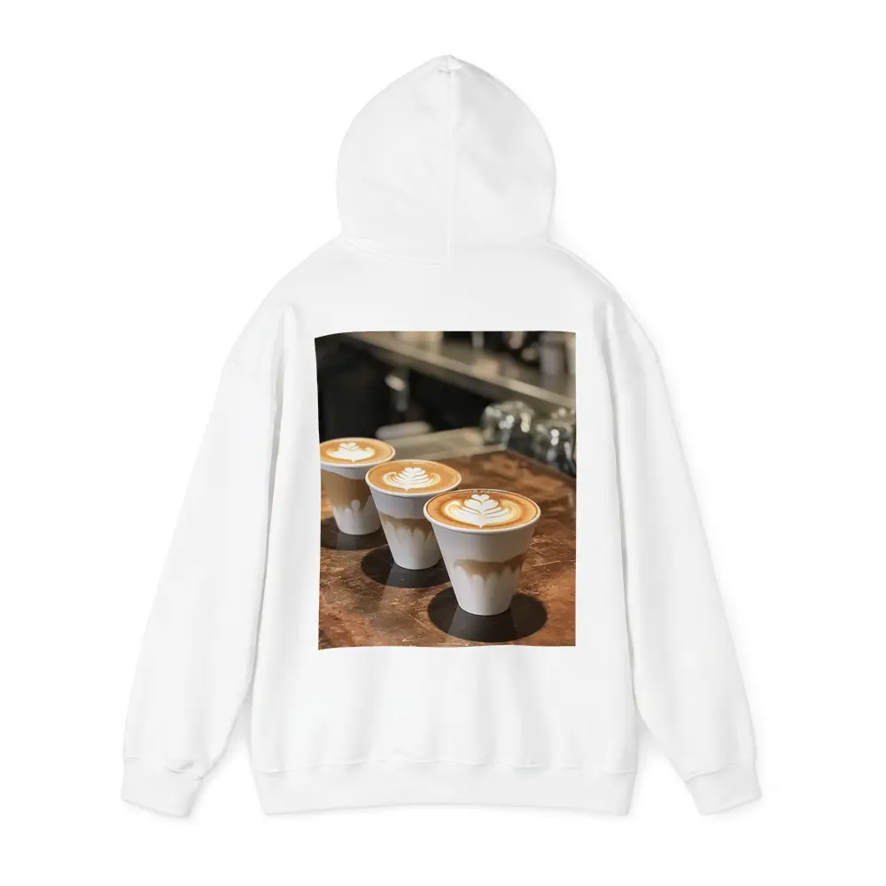 Latte Art Coffee Cups on Wooden Counter – Hoodies