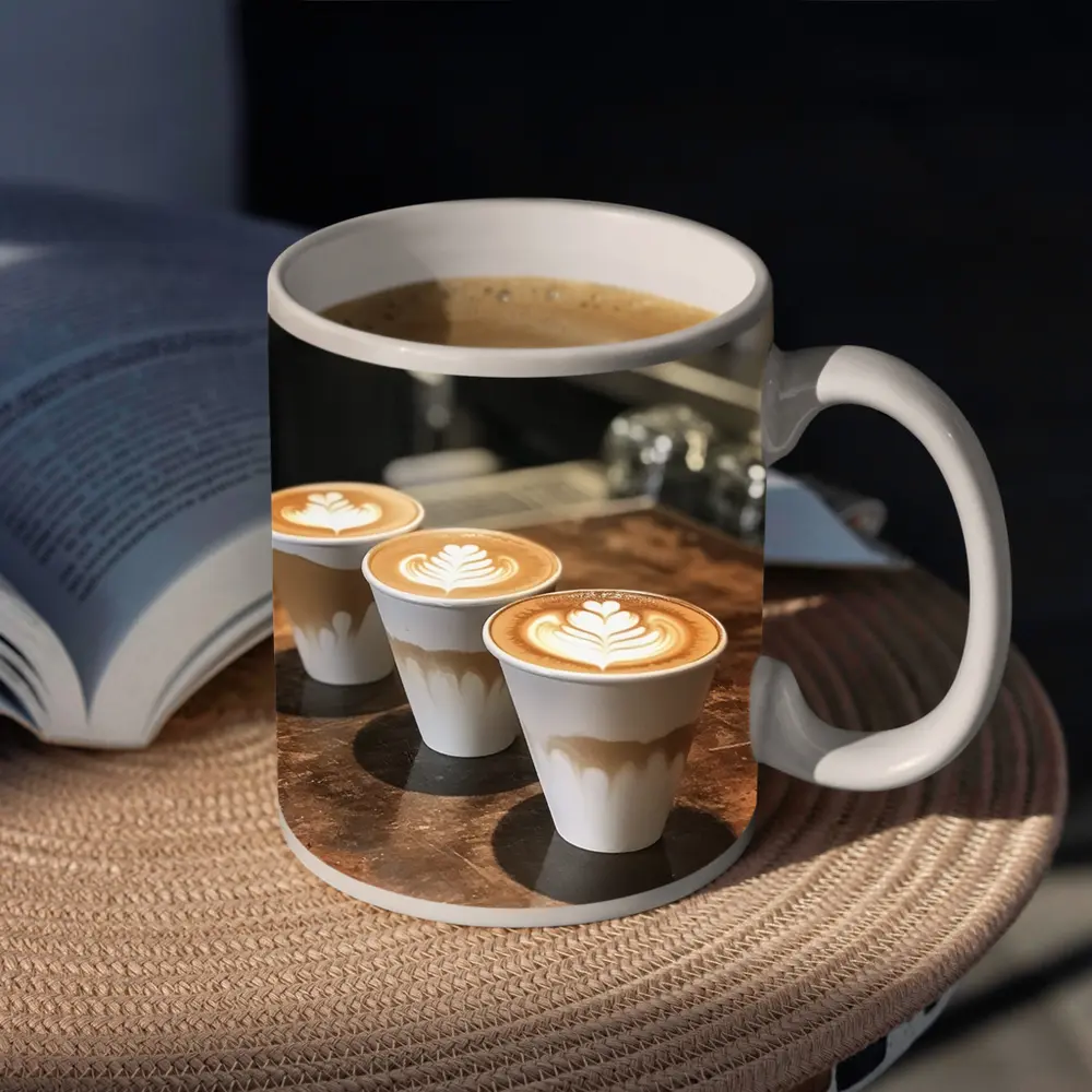 Latte Art Coffee Cups on Wooden Counter – Mugs