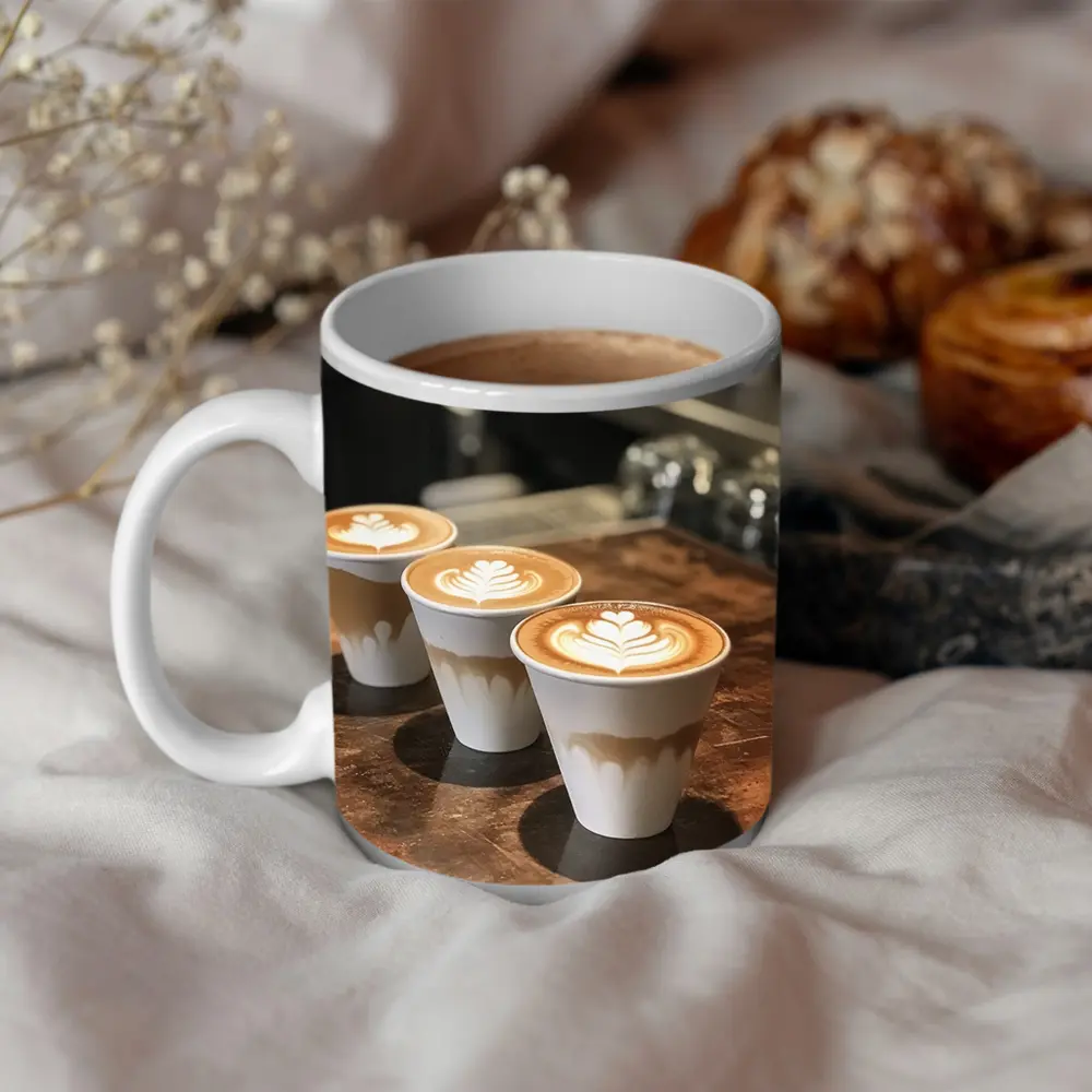 Latte Art Coffee Cups on Wooden Counter – Mugs