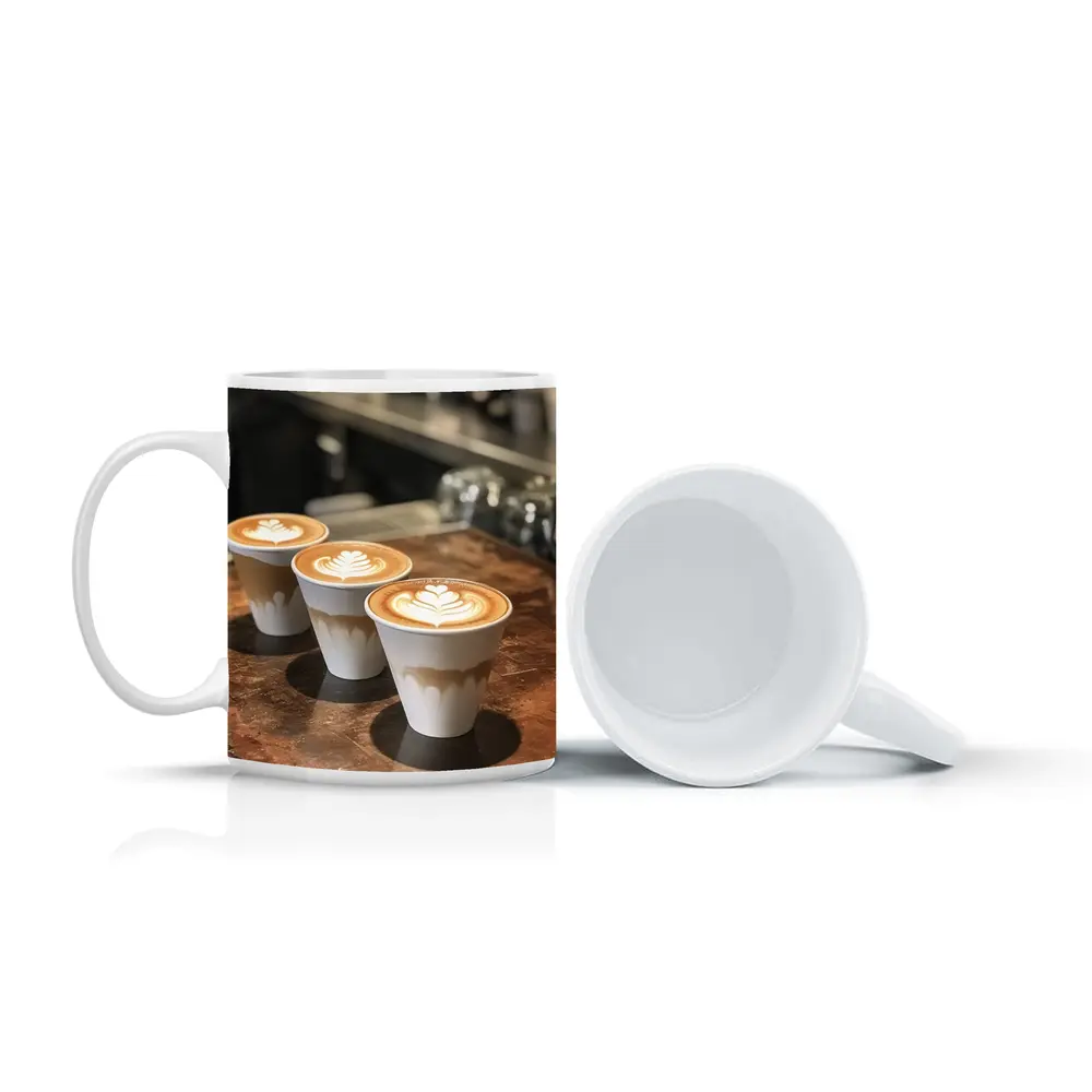 Latte Art Coffee Cups on Wooden Counter – Mugs