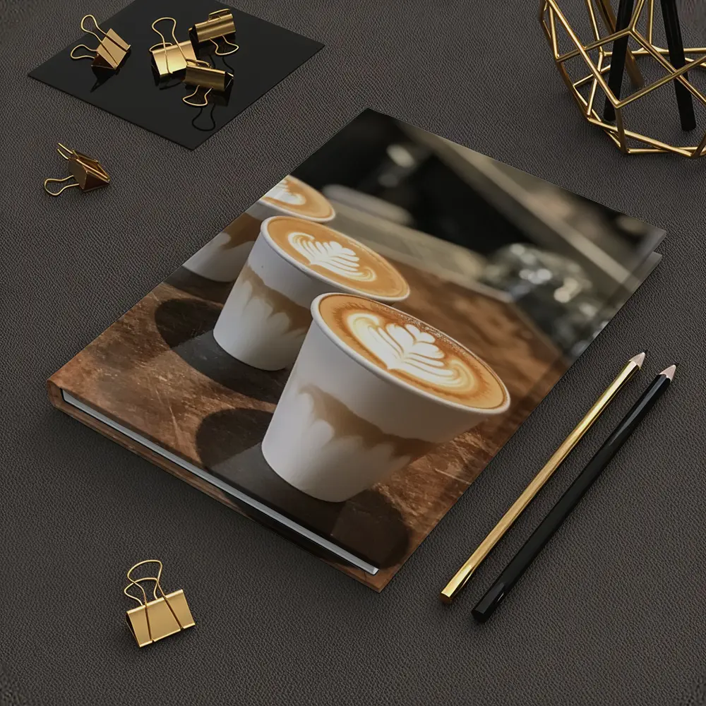 Latte Art Coffee Cups on Wooden Counter – Notebooks