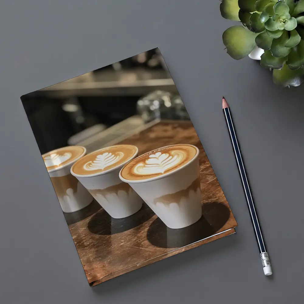 Latte Art Coffee Cups on Wooden Counter – Notebooks