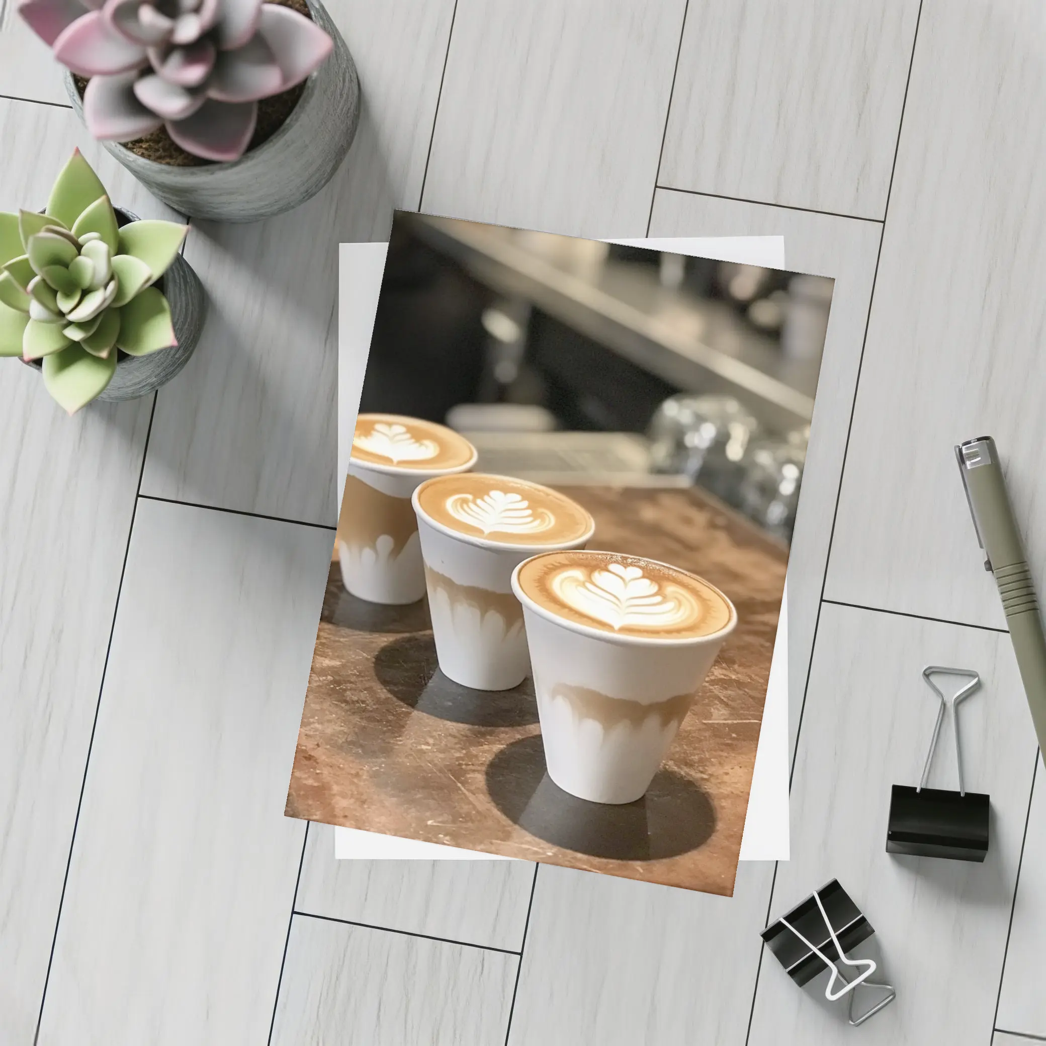 Latte Art Coffee Cups on Wooden Counter – Postcards