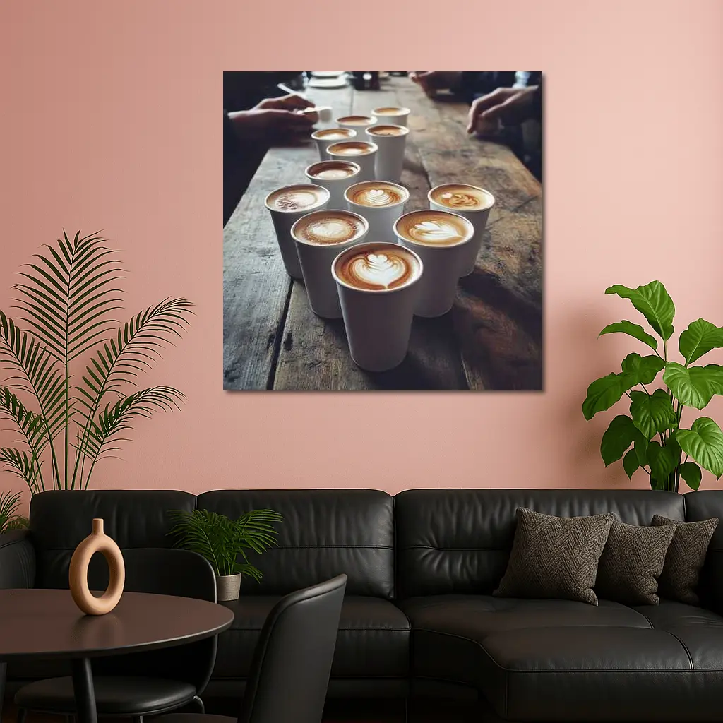 Latte Art Coffee Cups on Wooden Table – Wall Art
