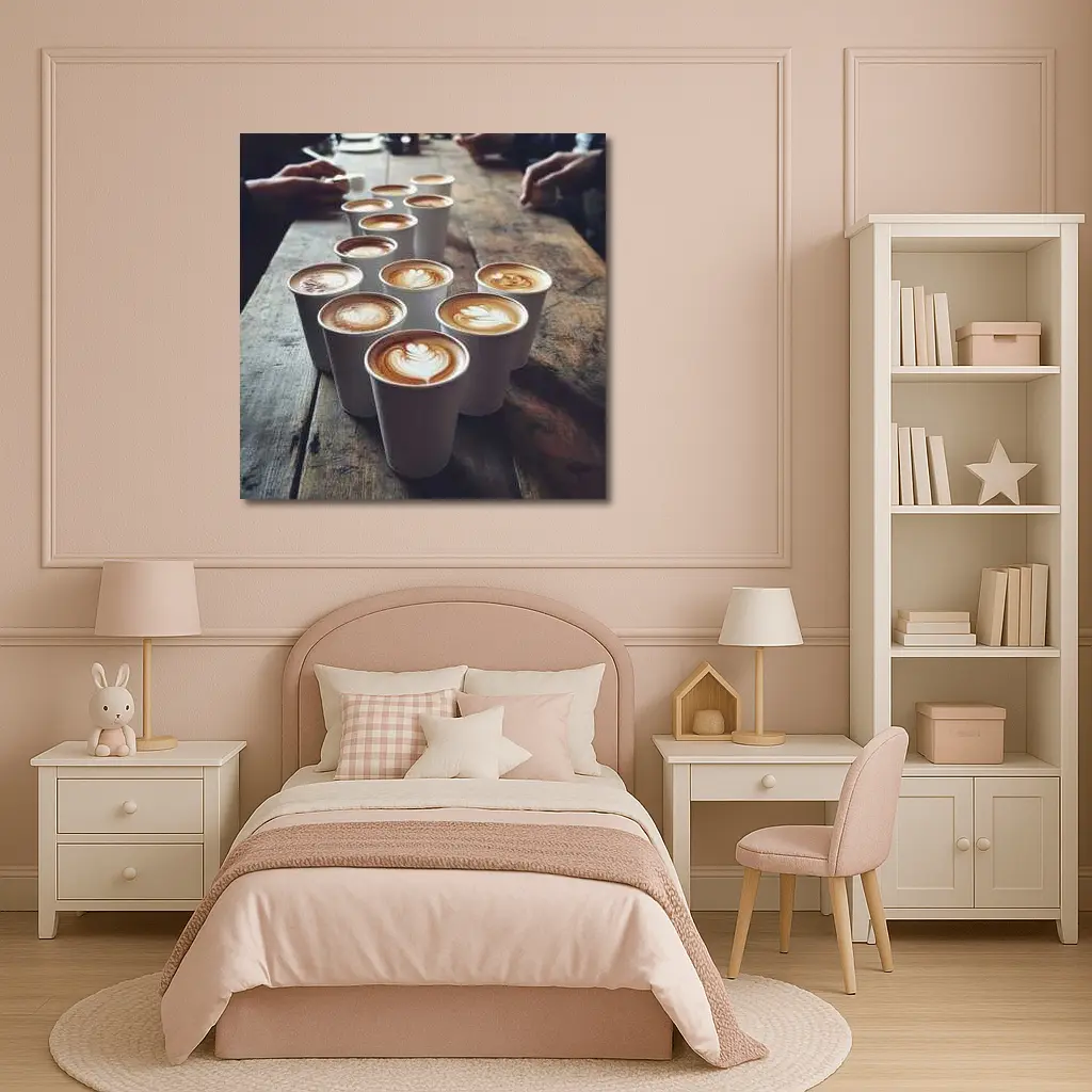 Latte Art Coffee Cups on Wooden Table – Wall Art