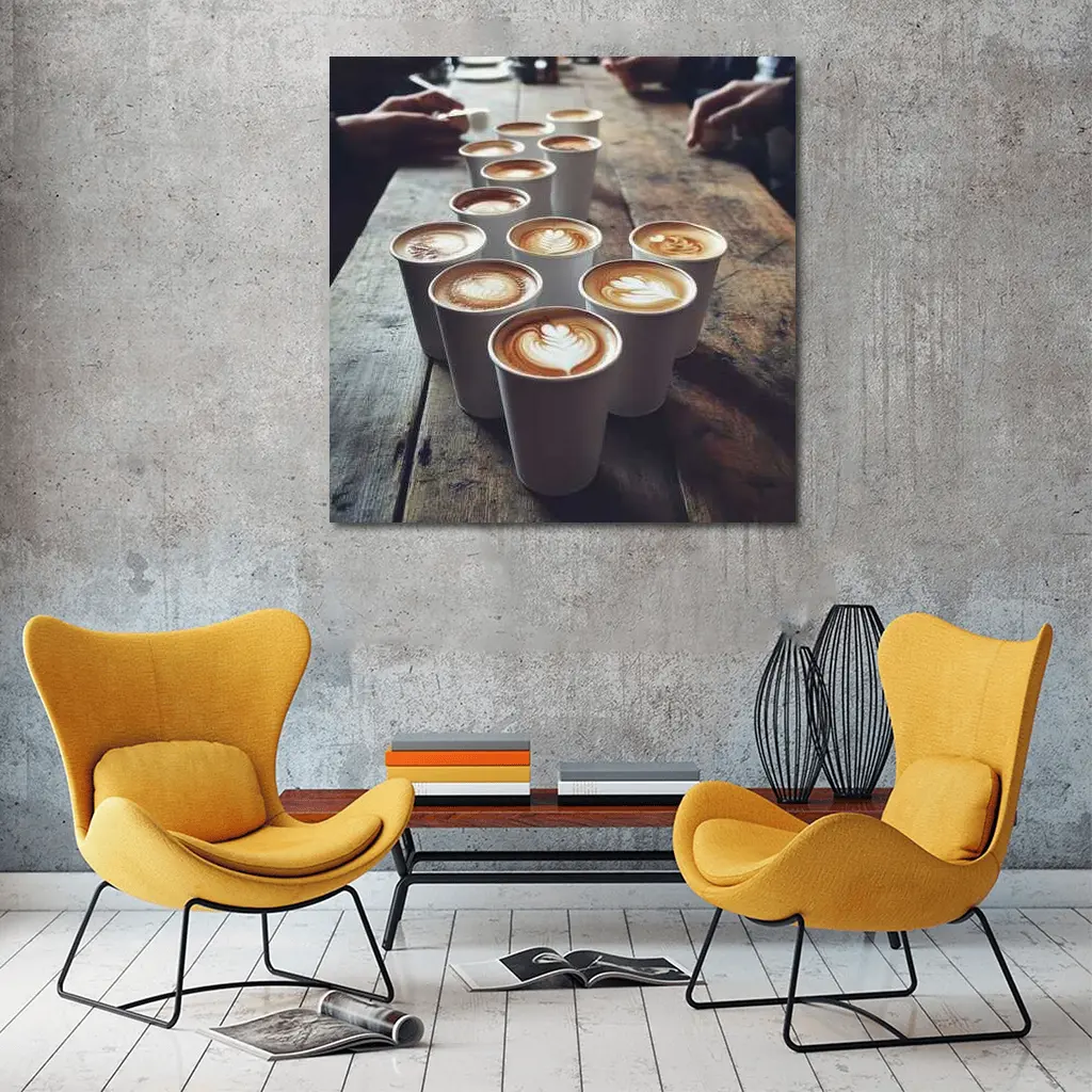 Latte Art Coffee Cups on Wooden Table – Wall Art