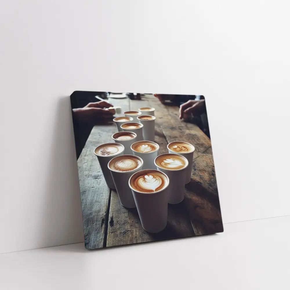 Latte Art Coffee Cups on Wooden Table – Wall Art