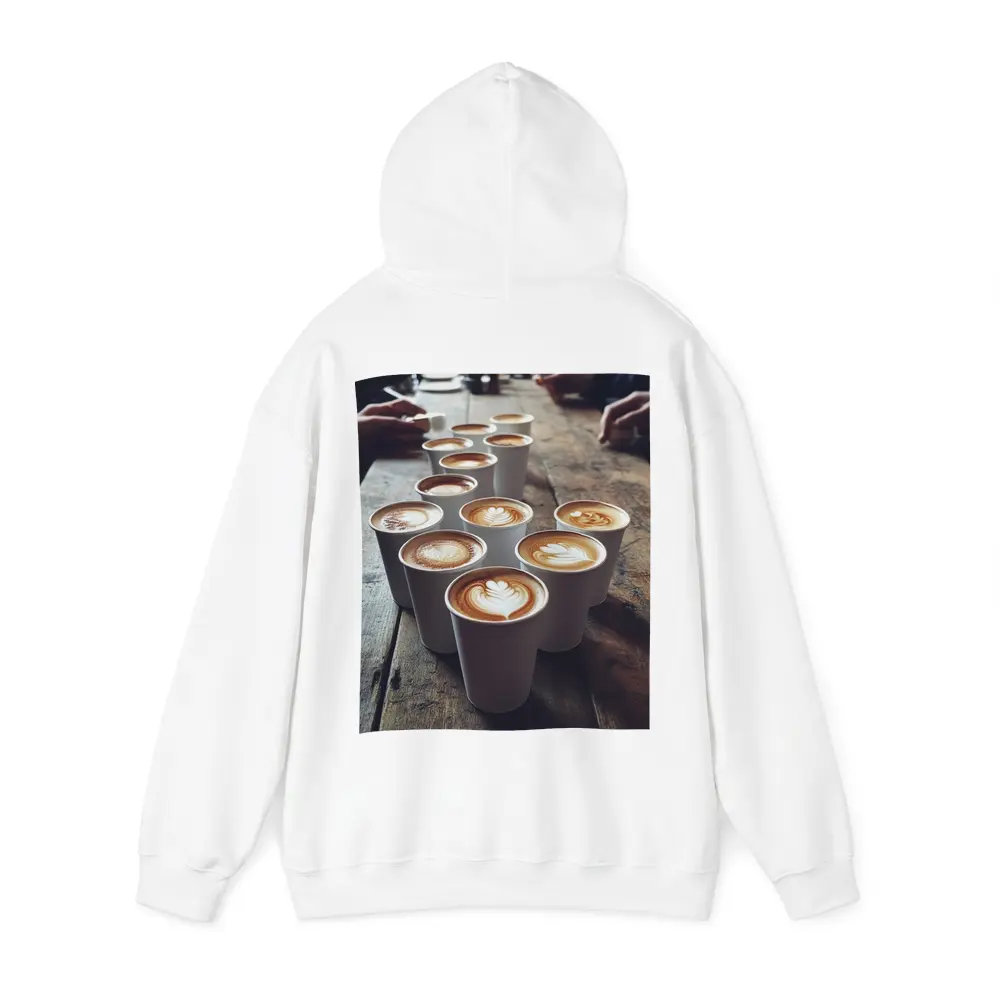 Latte Art Coffee Cups on Wooden Table – Hoodies