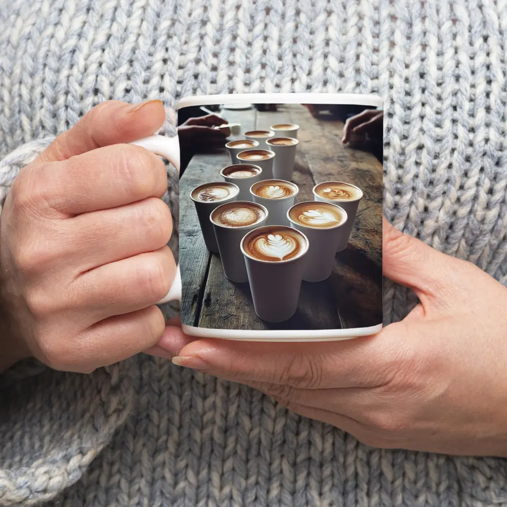 Latte Art Coffee Cups on Wooden Table – Mugs
