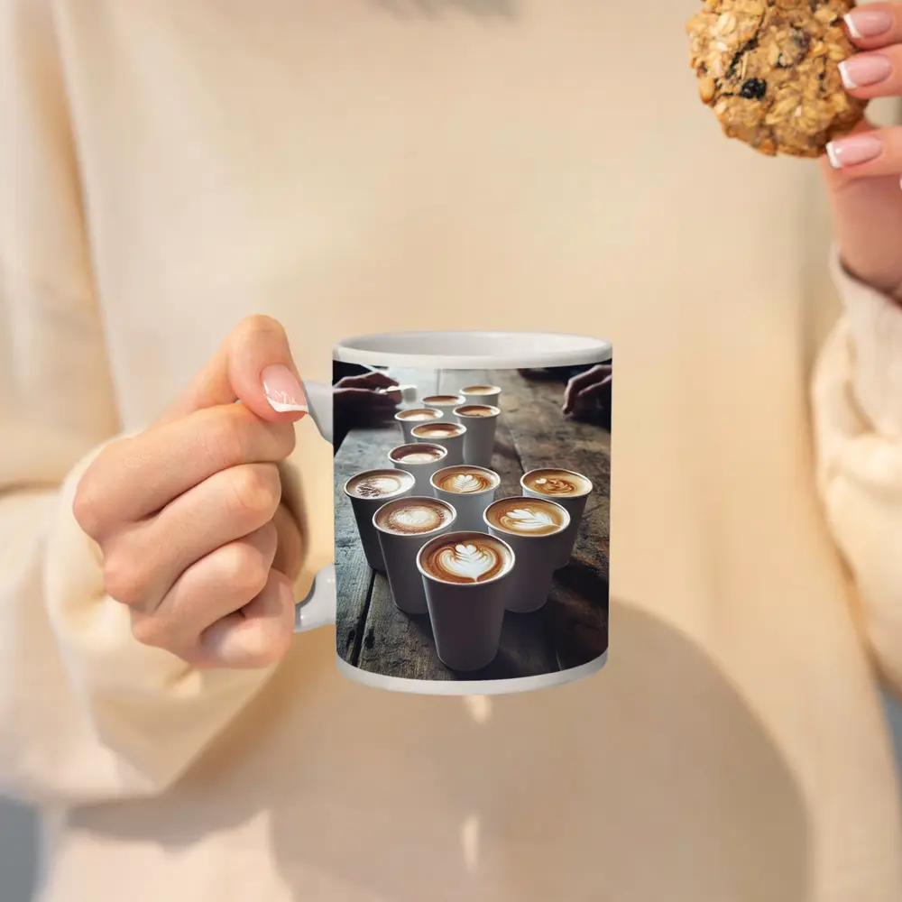 Latte Art Coffee Cups on Wooden Table – Mugs