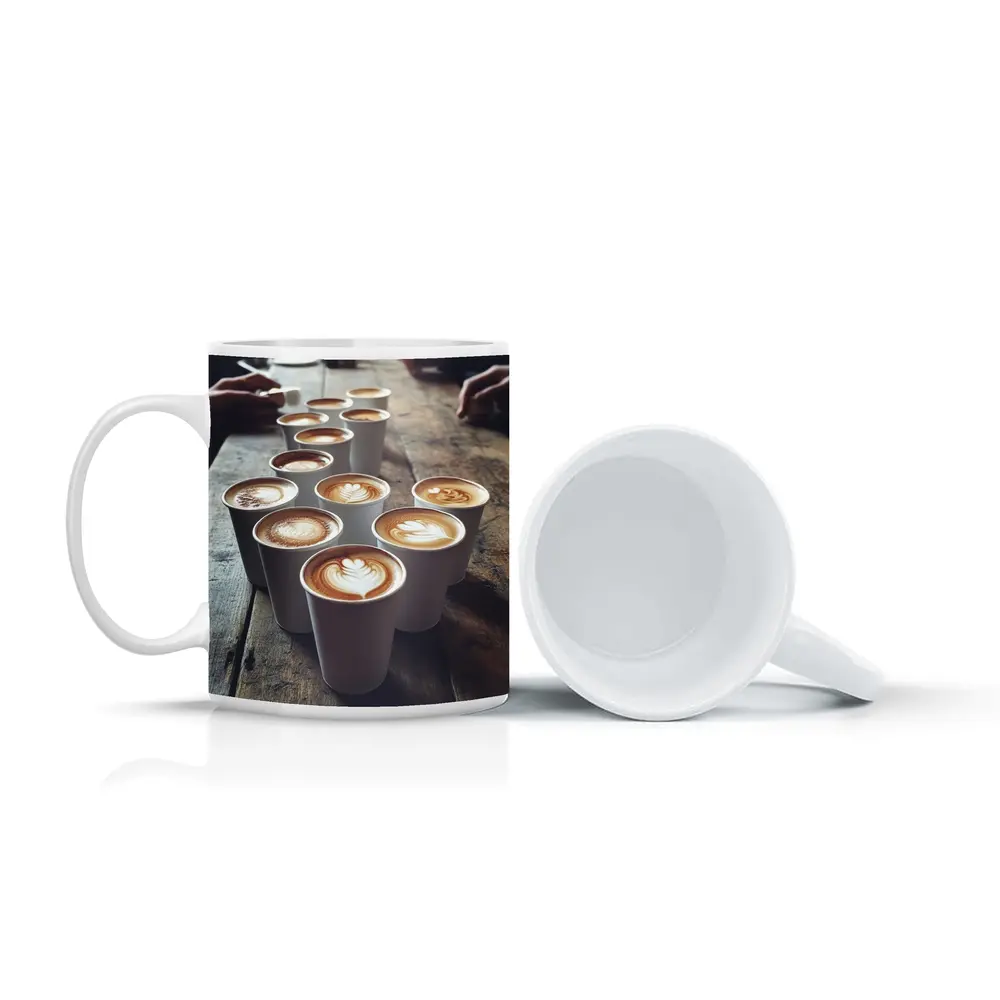 Latte Art Coffee Cups on Wooden Table – Mugs