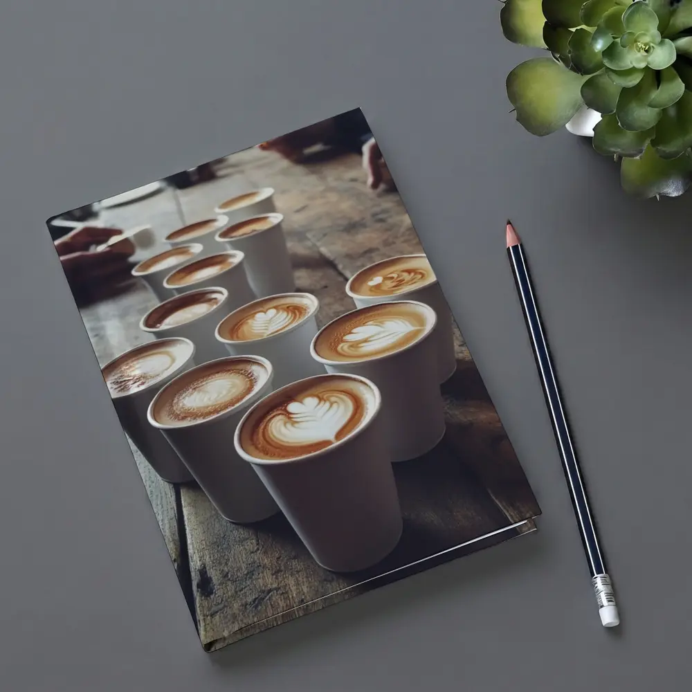 Latte Art Coffee Cups on Wooden Table – Notebooks