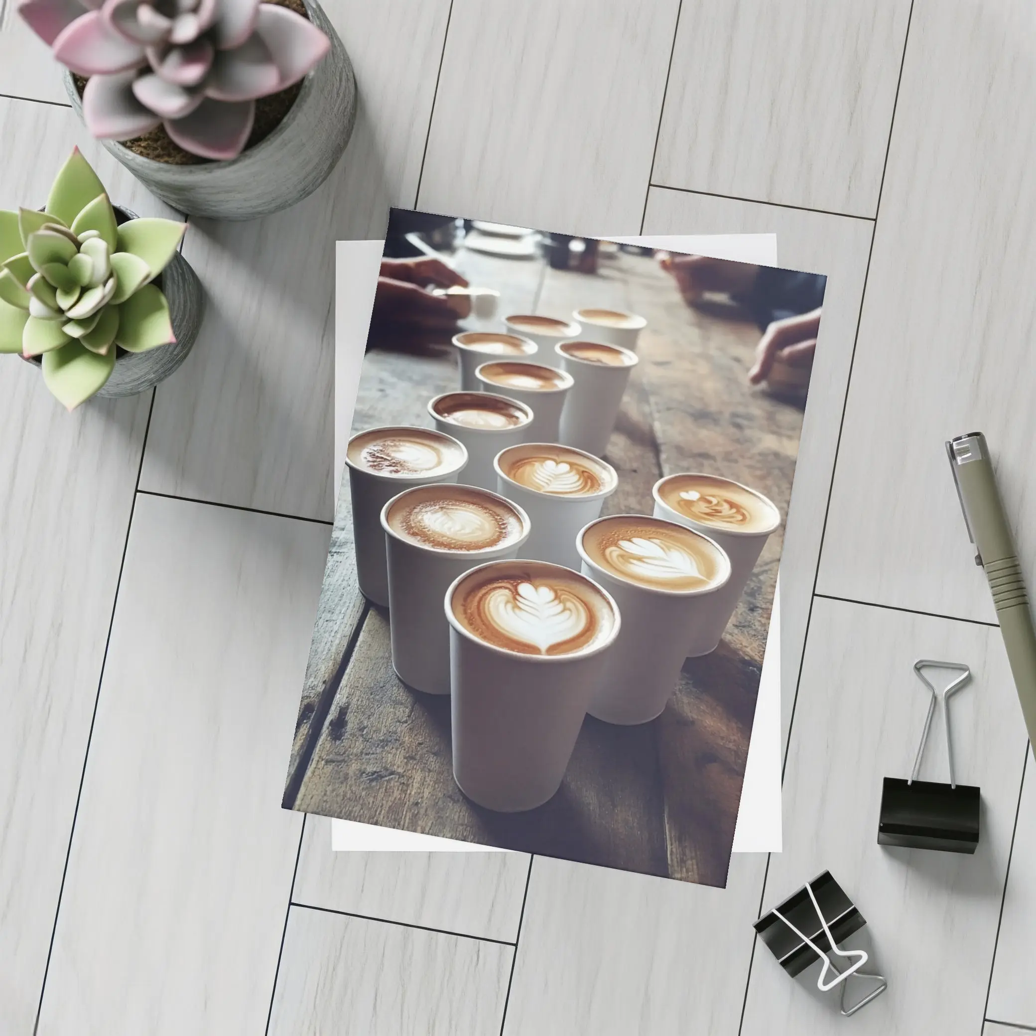 Latte Art Coffee Cups on Wooden Table – Postcards