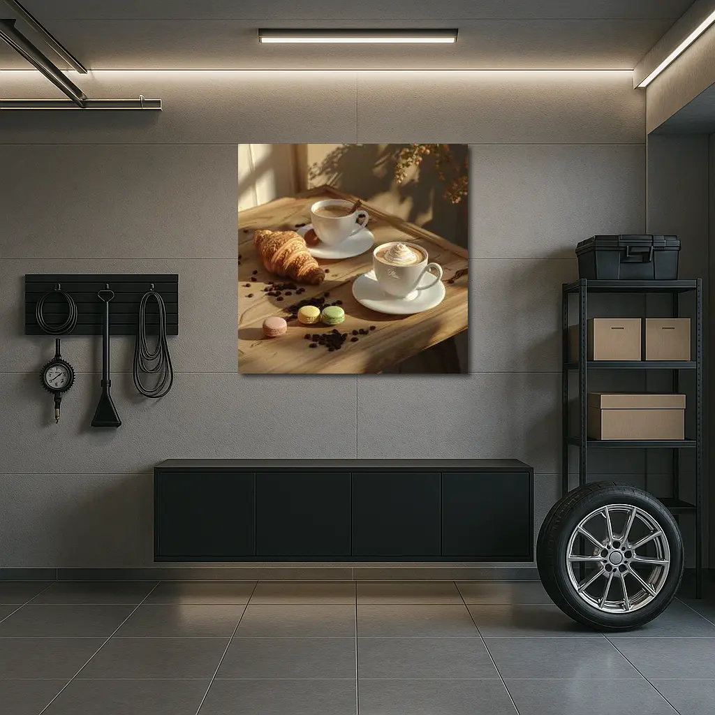Coffee Croissant Macarons Wooden Table Morning – Wall Art