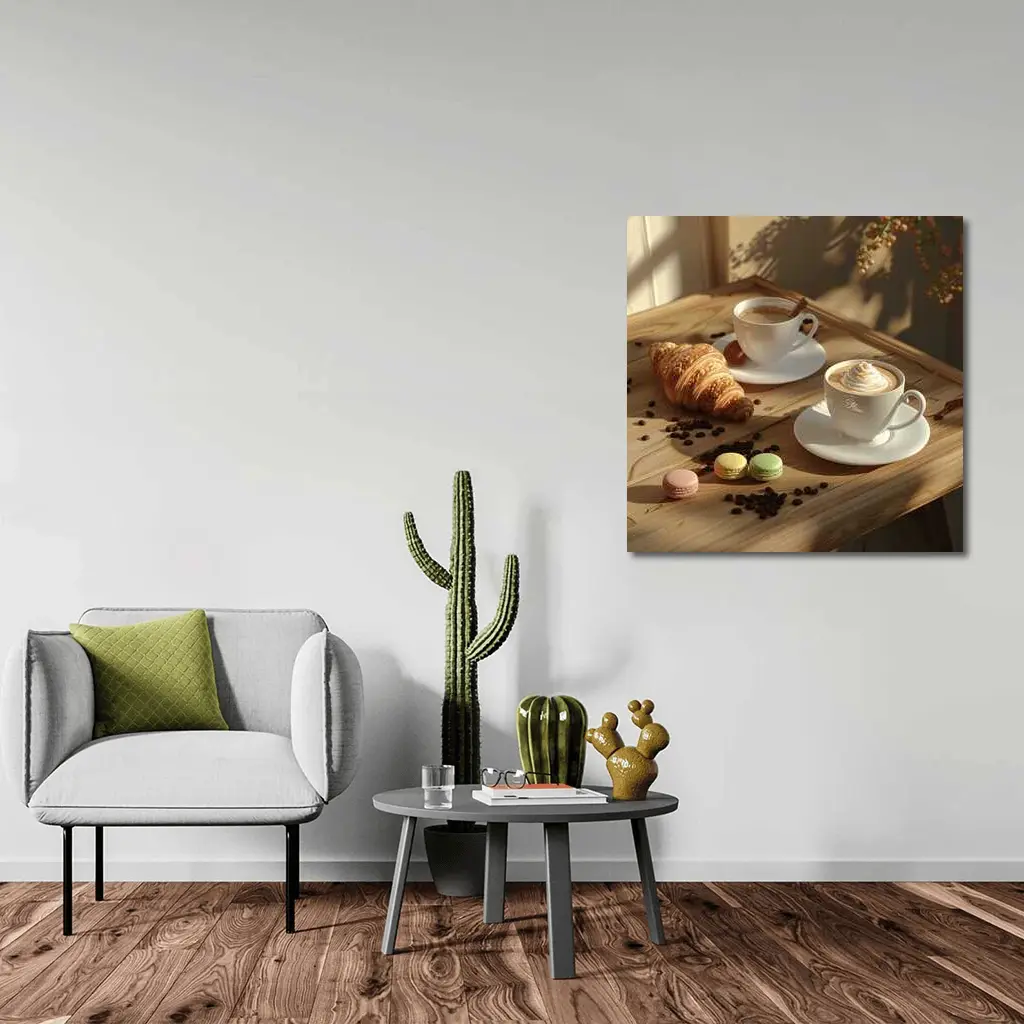 Coffee Croissant Macarons Wooden Table Morning – Wall Art